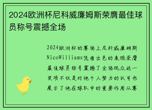 2024欧洲杯尼科威廉姆斯荣膺最佳球员称号震撼全场
