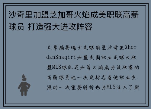 沙奇里加盟芝加哥火焰成美职联高薪球员 打造强大进攻阵容
